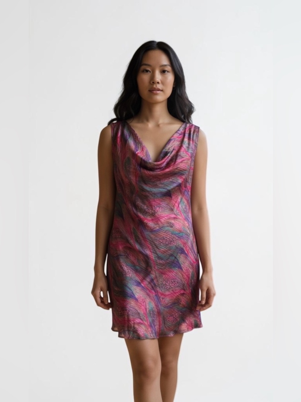 VTG 50’s Filigree SILK Jewel Color  Dress Draped Neck Sz. L Made in Hong Kong